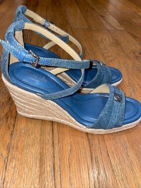 Michael Kors Mandy Espadrille Wedge Heels Sandals MK Denim Size 7.5 NEW